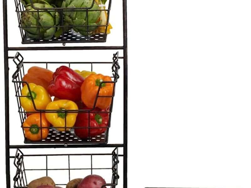 Gourmet Basics by Mikasa Ferme 4-Tier Metal Floor Standing Fruit-Home Storage Market Basket, Antique Black