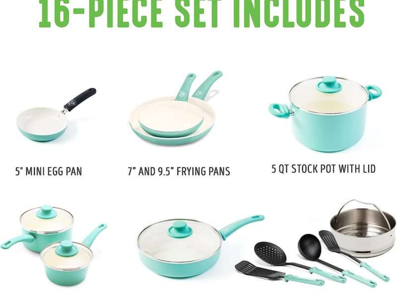 GreenLife Soft Grip Healthy Ceramic Nonstick 16 Piece Kitchen Cookware Pots and Frying Sauce Pans Set, PFAS-Free, Dishwasher Safe, Turquoise