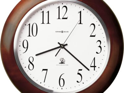 Howard Miller Ferdinand Wall Clock 547-677 – Windsor Cherry Finish, Satin Silver Bezel, White Dial with Black Arabic Numerals & Atomic Radio Controlled Movement