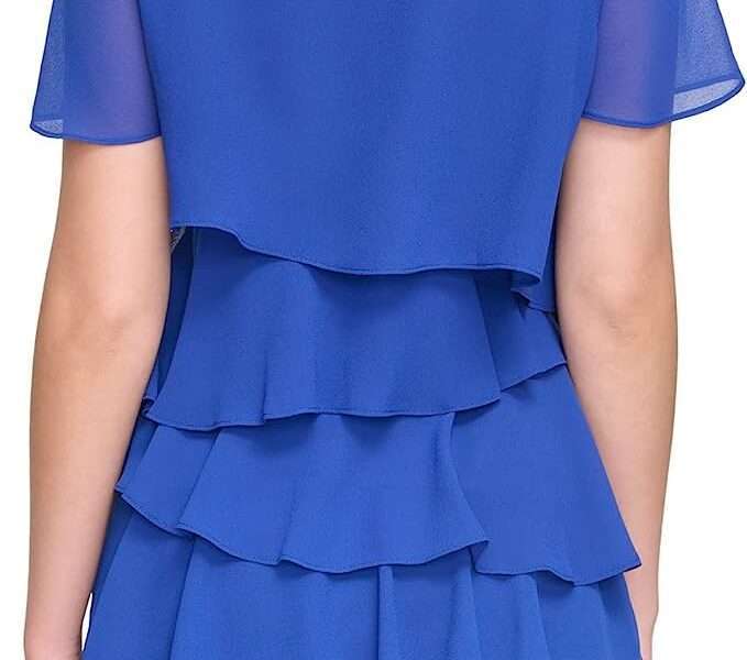 Jessica Howard Women's Chiffon Tiered Style Short Sleeve-Guest of Wedding Dress