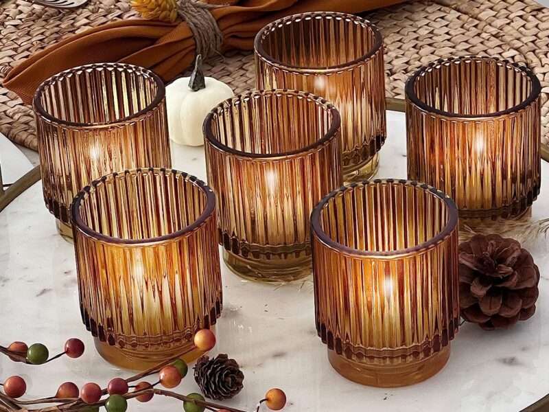 Kate Aspen Vintage Ribbed Amber Glass Tealight & Votive Candle Holders (Set of 6), Fall Decor, Boho Decor, Shelf Decoration (27206AB)