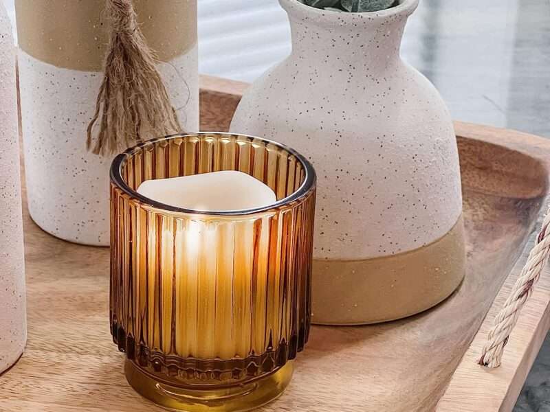 Kate Aspen Vintage Ribbed Amber Glass Tealight & Votive Candle Holders (Set of 6), Fall Decor, Boho Decor, Shelf Decoration (27206AB)