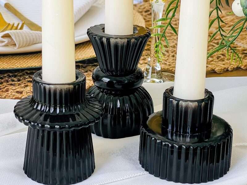 Kate Aspen Vintage Ribbed Glass Black Candlestick Holders, Pillar Candle, Tealight & Votive Candle Holders (Set of 6, 3 Assorted Sizes), Dining Table Decor, Shelf Decor, Centerpiece