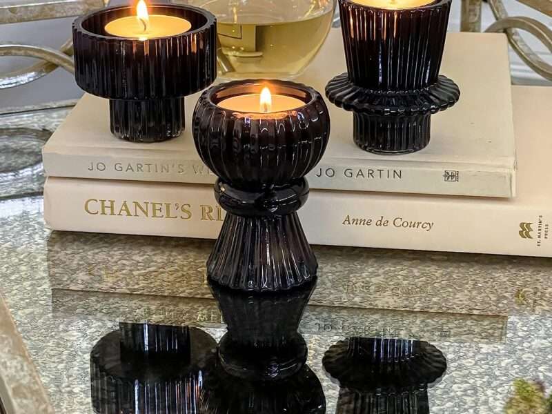Kate Aspen Vintage Ribbed Glass Black Candlestick Holders, Pillar Candle, Tealight & Votive Candle Holders (Set of 6, 3 Assorted Sizes), Dining Table Decor, Shelf Decor, Centerpiece