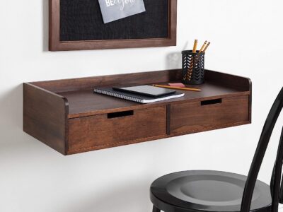 Kate and Laurel Kitt Modern Floating Shelf with Drawers, 28 x 12 x 6.5 inches, Dark Walnut Brown, Chic Floating Storage Console Table or Desk for Wall