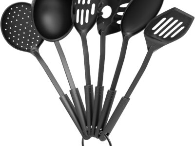 Kitchen Utensil and Gadget Set- Includes Plastic Spatula and Spoons by Chef Buddy- Cookware Set on a Ring (Six Piece Set)- Kitchen Essentials, Black