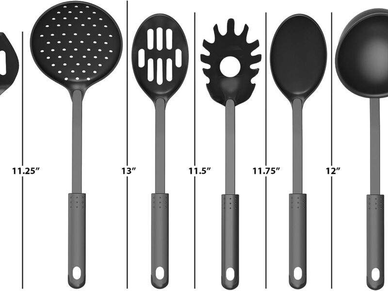Kitchen Utensil and Gadget Set- Includes Plastic Spatula and Spoons by Chef Buddy- Cookware Set on a Ring (Six Piece Set)- Kitchen Essentials, Black