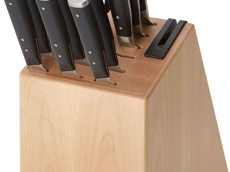 KitchenAid Gourmet 14 Piece Forged Triple Rivet Knife Block Set with Built in Knife Sharpener, High Carbon Japanese Stainless Steel Kitchen Knives, Sharp Kitchen Knife Set with Block, Birchwood