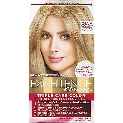 L'Oreal Paris Excellence Creme Permanent Triple Care Hair Color, 8.5A Champagne Blonde, Gray Coverage For Up to 8 Weeks, All Hair Types, Pack of 1