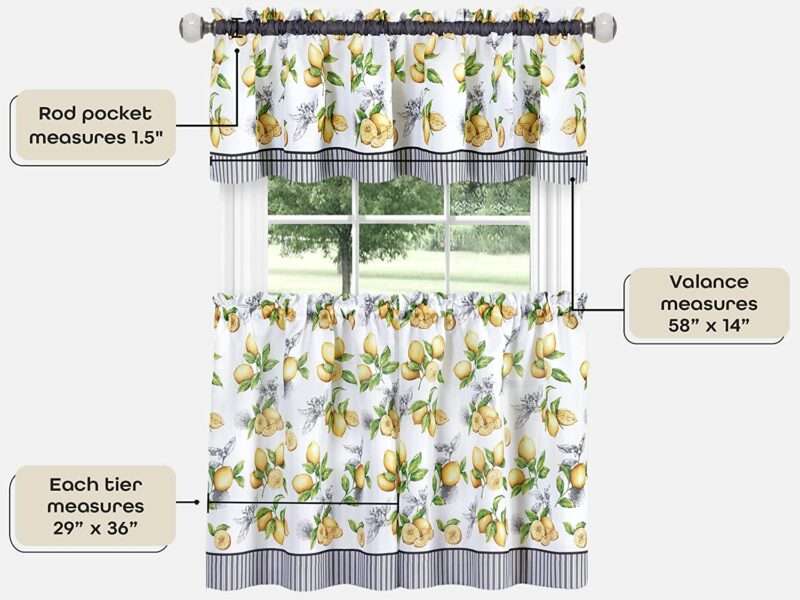 Light Filtering Window Curtain, Printed Tier & Valance Set - 58 Inch Length, 36 Inch Width - Lemon Drop (Yellow), Machine Washable Drape for Kitchen, Bedroom, Living, & Dining Room by Achim Home Decor