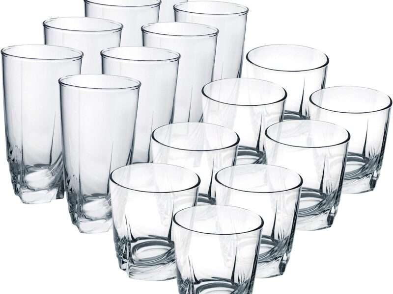 Luminarc 16 Piece Ascot Tumbler Set, 8-16.5 Ounce Coolers & 8-13 Ounce Double Old Fashioned Glasses, Mixed, Clear
