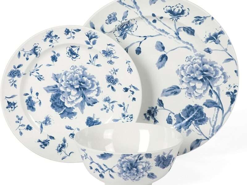 Martha Stewart Empress Bouquet Decorated Porcelain Dinnerware Plates and Bowls Set - Blue Floral, Service for 4 (12pcs)