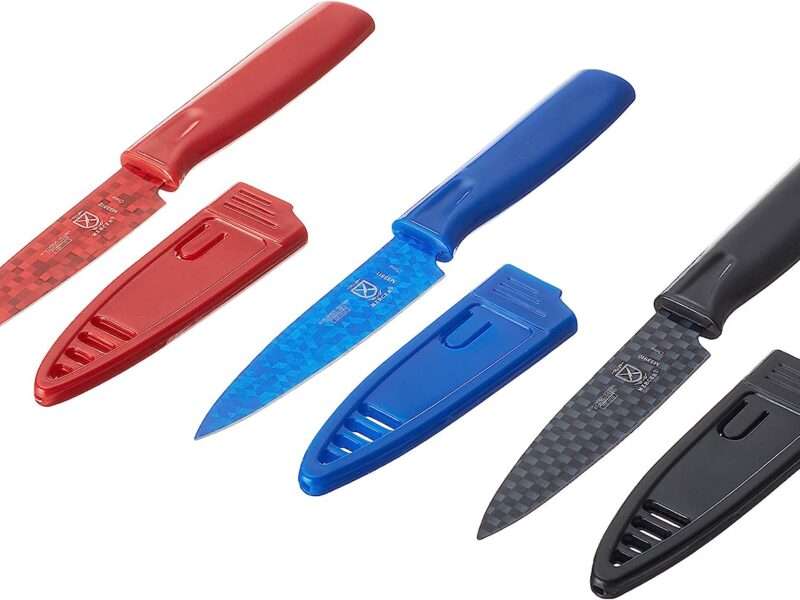 Mercer Culinary Non-Stick Paring Knives with ABS Sheaths, 4 Inch, Red/Blue/Black, 3 Pack