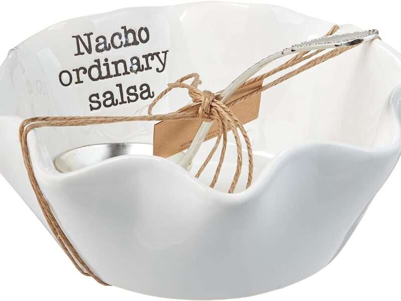 Mud Pie Salsa Ceramic Dip Cup Set, Nacho, White & Silver