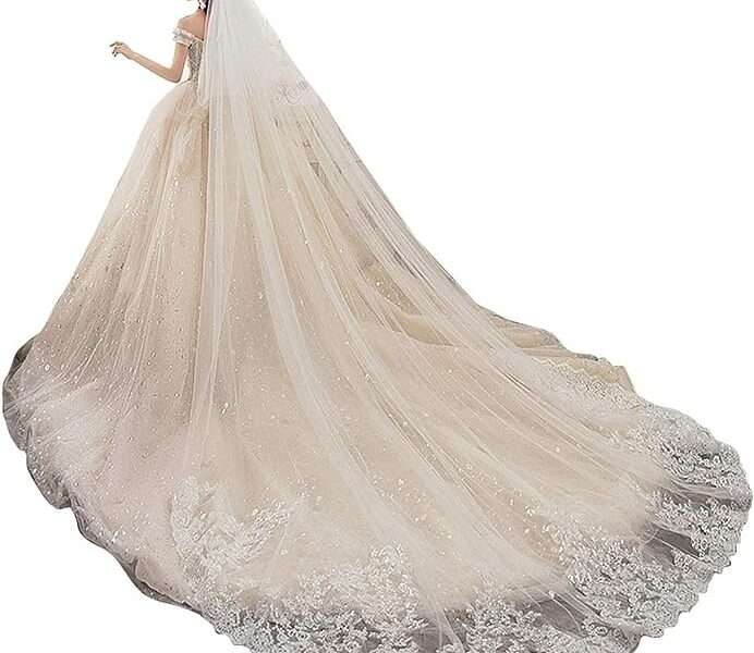 NCDIMS Newdeve Wedding Veils Cathedral Length 2 Tier Long Sequins Lace Edge Blusher with Comb
