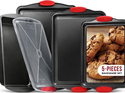 Nonstick Cookie Sheet Pans Set of 5 - Professional Quality Carbon Steel Baking Sheet Trays with Gray Coating Inside & Outside – Small, Medium, Large Pans, Roaster Pan, and Plastic Lid