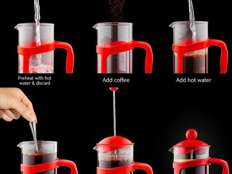 OVENTE French Press Coffee, Tea and Espresso Maker, Heat Resistant Borosilicate Glass with 4 Filter Stainless-Steel System, BPA-Free Portable Pitcher Perfect for Hot & Cold Brew 12oz, Red FPT12R