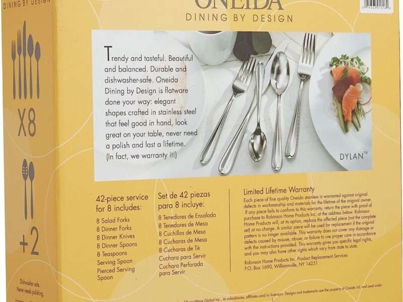 Oneida Dylan 42 Piece Everyday Flatware, Service for 8, 18/0 Stainless Steel, Silverware Set