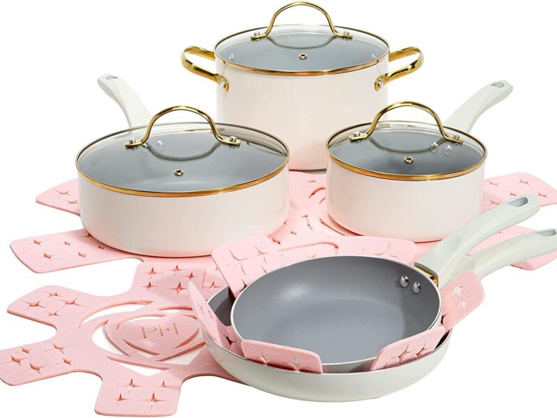 Paris Hilton Epic Nonstick Pots and Pans Set, Multi-layer Nonstick Coating, Tempered Glass Lids, Soft Touch, Stay Cool Handles, Made without PFOA, Dishwasher Safe Cookware Set, 12-Piece, Cream