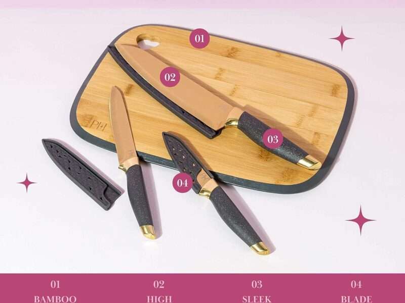 Paris Hilton Reversible Bamboo Cutting Board and Cutlery Set with Matching High Carbon Stainless Steel Knives, Blade Guards, Sleek Yet Comfortable Handle Grips, 7-Piece Set Gold, Charcoal Gray