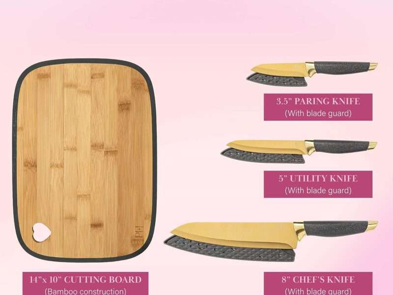 Paris Hilton Reversible Bamboo Cutting Board and Cutlery Set with Matching High Carbon Stainless Steel Knives, Blade Guards, Sleek Yet Comfortable Handle Grips, 7-Piece Set Gold, Charcoal Gray