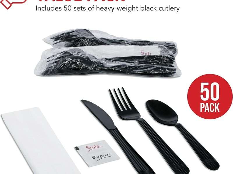 Party Essentials Individually Wrapped Black Plastic Cutlery Packets/Heavy Duty Silverware Kits, Fork/Spoon/Knife/Napkin/Salt/Pepper, 50 Sets