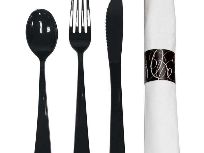 Party Essentials N501732-4 Pre-Rolled Disposable Extra Heavy Duty Plastic Cutlery Kit with Black Fork/Knife/Spoon and 3-Ply White Napkin (Case of 100 Rolls)