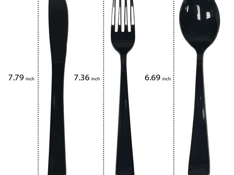 Party Essentials N501732-4 Pre-Rolled Disposable Extra Heavy Duty Plastic Cutlery Kit with Black Fork/Knife/Spoon and 3-Ply White Napkin (Case of 100 Rolls)