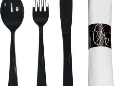 Party Essentials Party Supplies Wrapped Silverware Set Disposable, Pre Rolled Napkin and Cutlery, Spoons/Forks/Knives Black, 50 Units