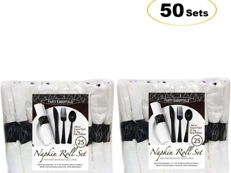Party Essentials Party Supplies Wrapped Silverware Set Disposable, Pre Rolled Napkin and Cutlery, Spoons/Forks/Knives Black, 50 Units