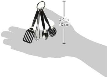 R&M International Mini 3.5 Kitchen Tool Set with Keychain, Includes Whisk, Spatula, Spoon, and Skimmer,Silver