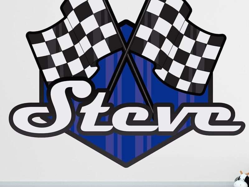 Race Flag Name Wall Decal - Personalized Wall Art for Boys, Baby, and Kids - Custom Name Wall Decal with Race Car Theme - Checkered Flag Wall Stickers - Wall Letters Decor for Bedroom