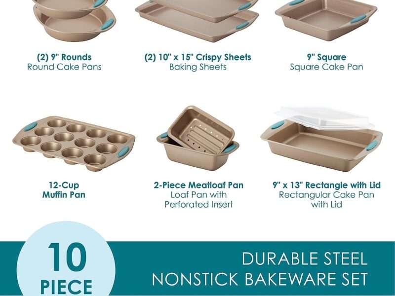 Rachael Ray 47578 Cucina Nonstick Bakeware Set with Grips Includes Nonstick Bread Pan, Baking Sheet, Cookie Sheet, Baking Pans, Cake Pan and Muffin Pan - 10 Piece, Latte Brown with Agave Blue Grips