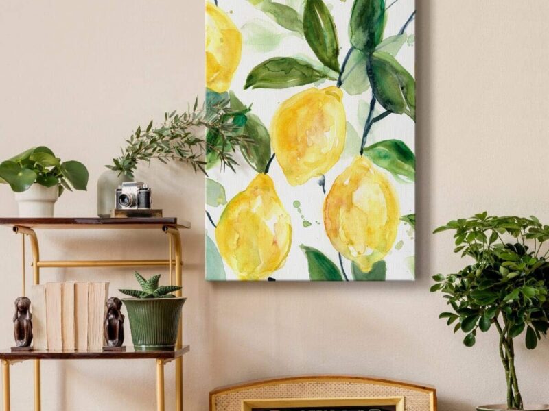 Renditions Gallery Canvas Wall Art Hanging Prints for Home Green Branches of Yellow Lemon Citrus Fruit Abstract Paintings for Living Room Wall Decorations - 24 X36 LT15