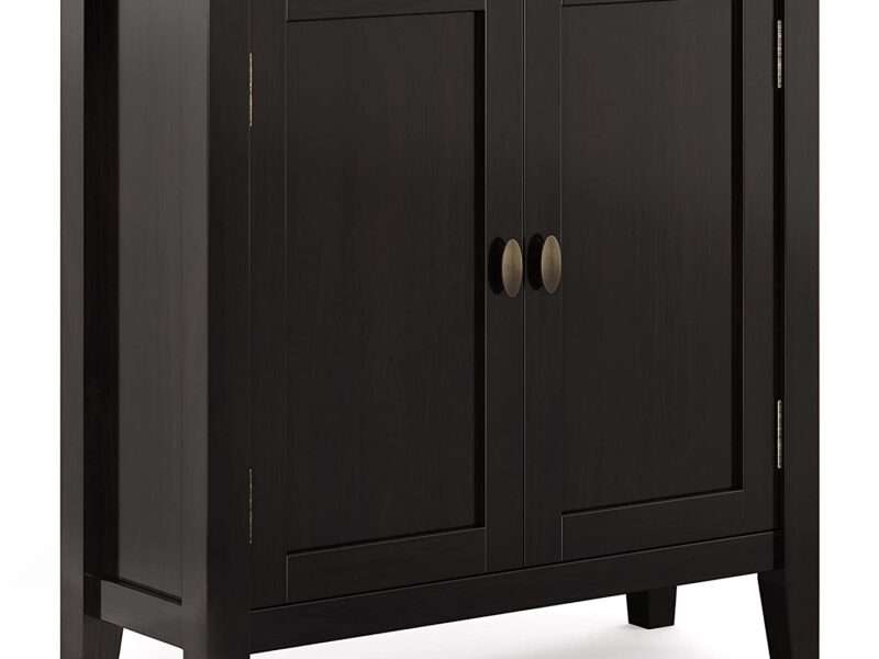 SIMPLIHOME Redmond SOLID WOOD 32 inch Wide Transitional Low Storage Cabinet in Hickory Brown for the Living Room, Entryway and Family Room