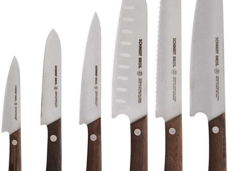 Schmidt Brothers - Cutlery Stone Series 7-Piece Kitchen Knife Set, High-Carbon German Stainless Steel Cutlery, Stone-washed Wood Handles and Clear Acrylic Magnetic Knife Block