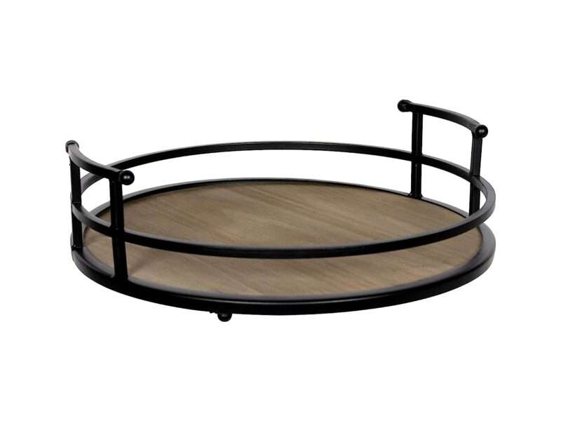 Stratton Home Decor Metal and Wood Tray - Farmhouse Round Tabletop Tray for Table Decoration - Rustic Ornament for Coffee Tables, Credenza, Countertop - Black Handles, Matt Surface - Housewarming Gift