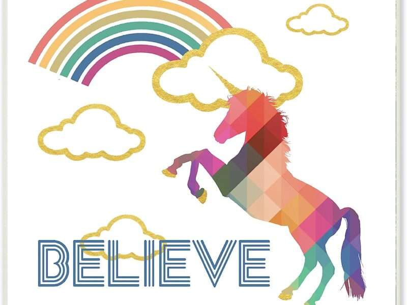 Stupell Industries Believe Rainbow Golden Unicorn Wall Plaque Art, 12 x 0.5 x 12, Proudly Made in USA
