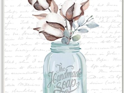Stupell Industries Handmade Soap Jar Cotton Flower Bathroom Word, Design by Artist Lettered and Lined Wall Art, 10 x 15, Wood Plaque