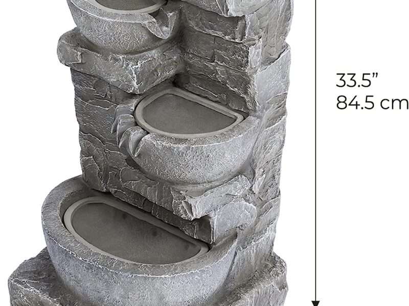 Teamson Home 4 Tiered Bowls Floor Stacked Stone Waterfall Fountain with LED Lights and Pump for Outdoor Patio Garden Backyard Decking Décor, 33 inch Height, Gray
