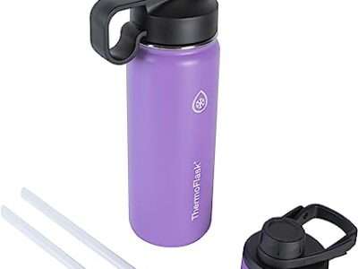 Thermoflask Double Wall Vacuum Insulated Stainless Steel Water Bottle with Two Lids, 18 oz, Plum