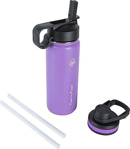 Thermoflask Double Wall Vacuum Insulated Stainless Steel Water Bottle with Two Lids, 18 oz, Plum