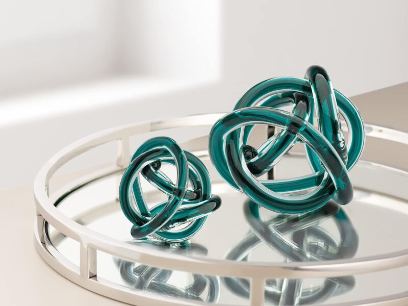 Torre & Tagus Orbit Glass Décor Ball - Abstract Teal Glass Knot for Home Decor, Decorative Handblown Round Sculpture & Room Accent for Cabinet, Shelf, Coffee Table, Office Desk, Wedding, 3" Diameter