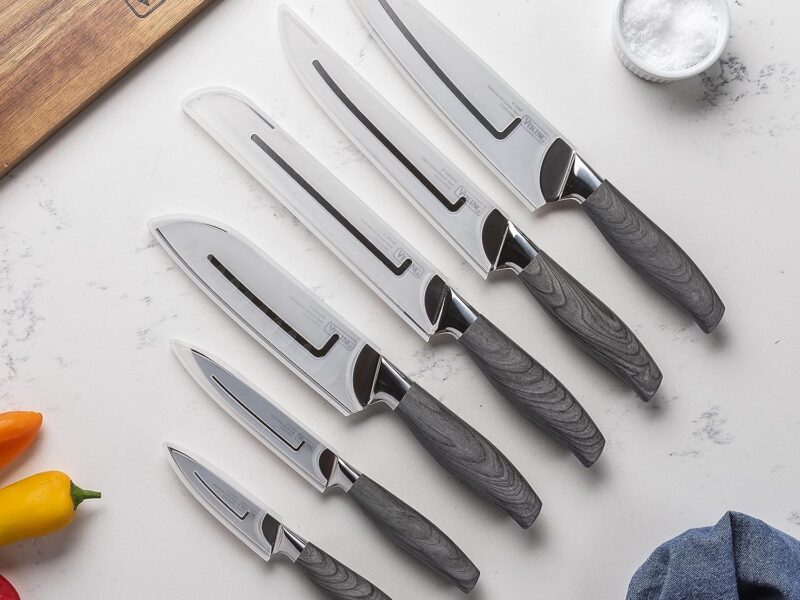 Viking Culinary German Steel Hollow Handle Cutlery Set, 6 Piece, Includes Protective Plastic Sleeve, All Essential Knife Types, Dishwasher Safe, Ash Wood Pattern Handles