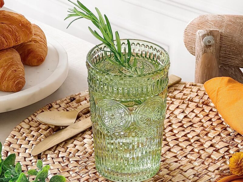 Vintage Textured Sage Green Striped Drinking Glasses Set of 6-13 oz Ribbed Glassware with Flower Design Cocktail Set, Juice Glass, Water Tumbler