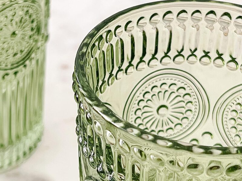 Vintage Textured Sage Green Striped Drinking Glasses Set of 6-13 oz Ribbed Glassware with Flower Design Cocktail Set, Juice Glass, Water Tumbler