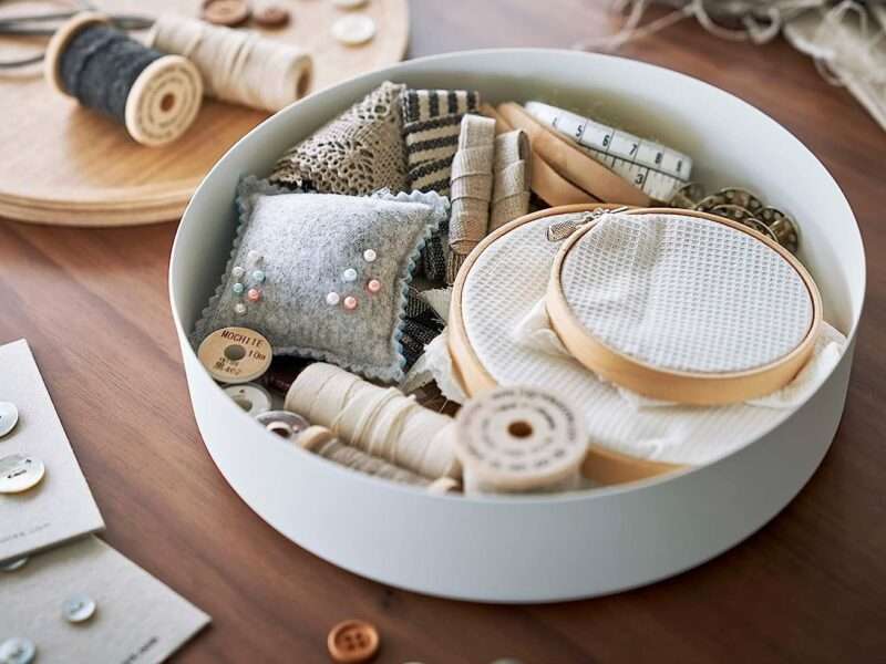 YAMAZAKI Home Rin Round Storage Case, Candy, Toy, Or Craft Supplies Holder, Sewing Box Organizer, Wooden Lid Tray - Short - Steel + Wood