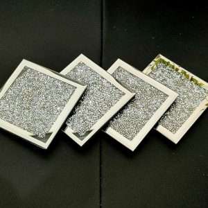 EagleWiz Silver Sparkle Crushed Crystal 4 Square Mirror Diamante Jewel Coasters