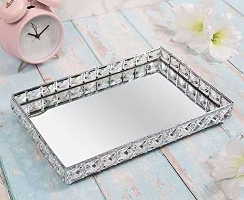 Silver Mirror Diamante Crystal Rectangle Candle Plate Tray Ornament