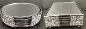 Diamante Glass Mirror Coasters with Glitter Crushed Diamante Coaster holder (Set of 4 Coaster)
